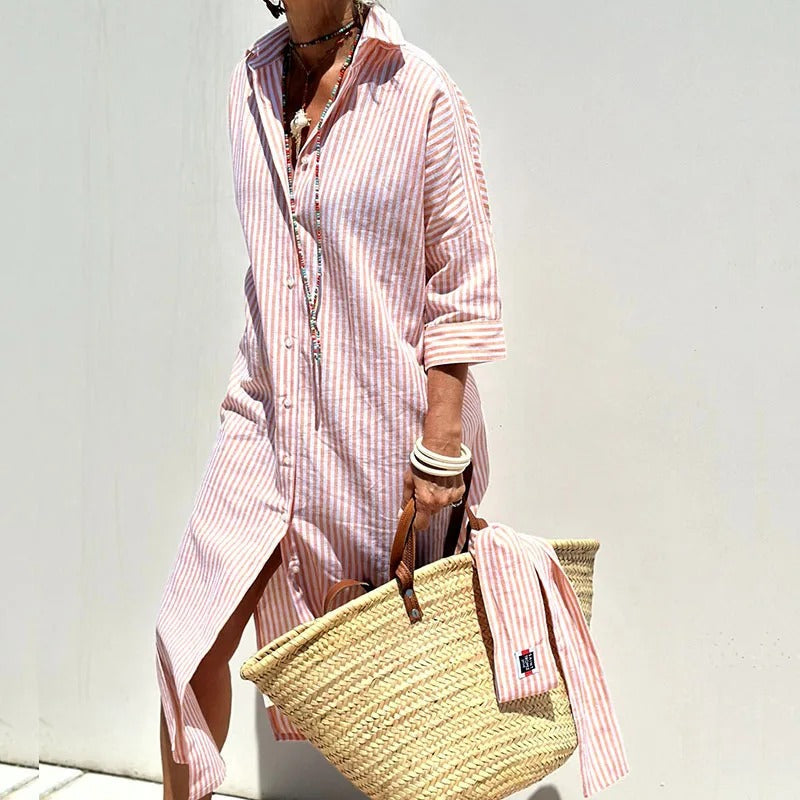 Striped summer dress with button front and long sleeves, pink and white vertical stripes