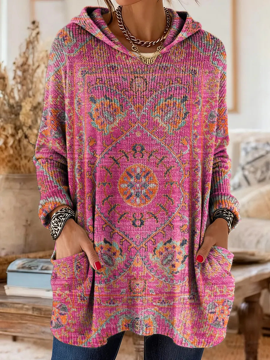 Vintage-inspired hooded knit tunic with front pockets, pink and purple multicolor ethnic print