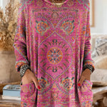 Vintage-inspired hooded knit tunic with front pockets, pink and purple multicolor ethnic print