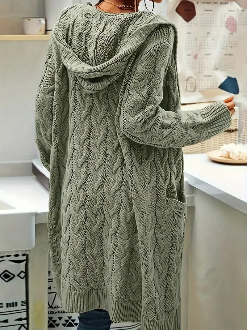 Mint green long cable-knit cardigan with textured back and hooded neckline
