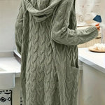 Mint green long cable-knit cardigan with textured back and hooded neckline