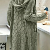 Mint green long cable-knit cardigan with textured back and hooded neckline