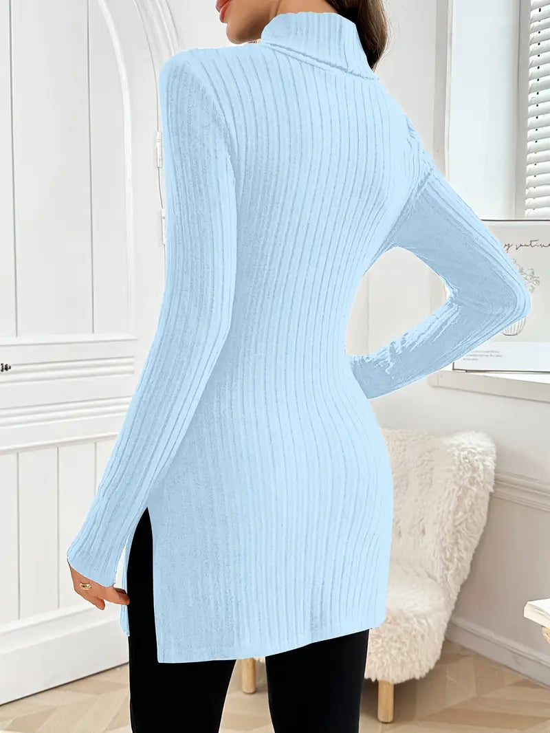 Ribbed knit turtleneck sweater in powder blue, long sleeves, fitted side slit