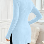 Ribbed knit turtleneck sweater in powder blue, long sleeves, fitted side slit