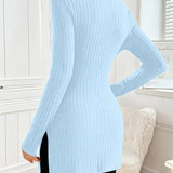Ribbed knit turtleneck sweater in powder blue, long sleeves, fitted side slit