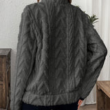 Dark gray fuzzy quarter-zip pullover, full back with textured pattern