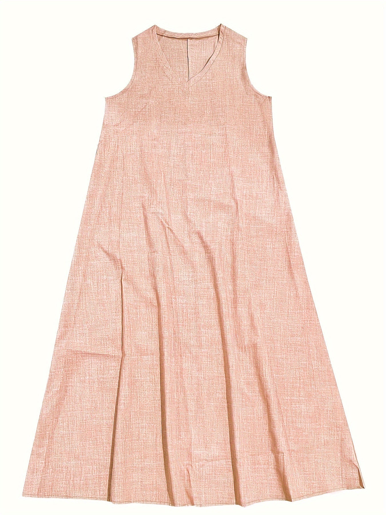 Rosie™ V-neck sleeveless tank dress in pale pink linen-look fabric with pleated skirt