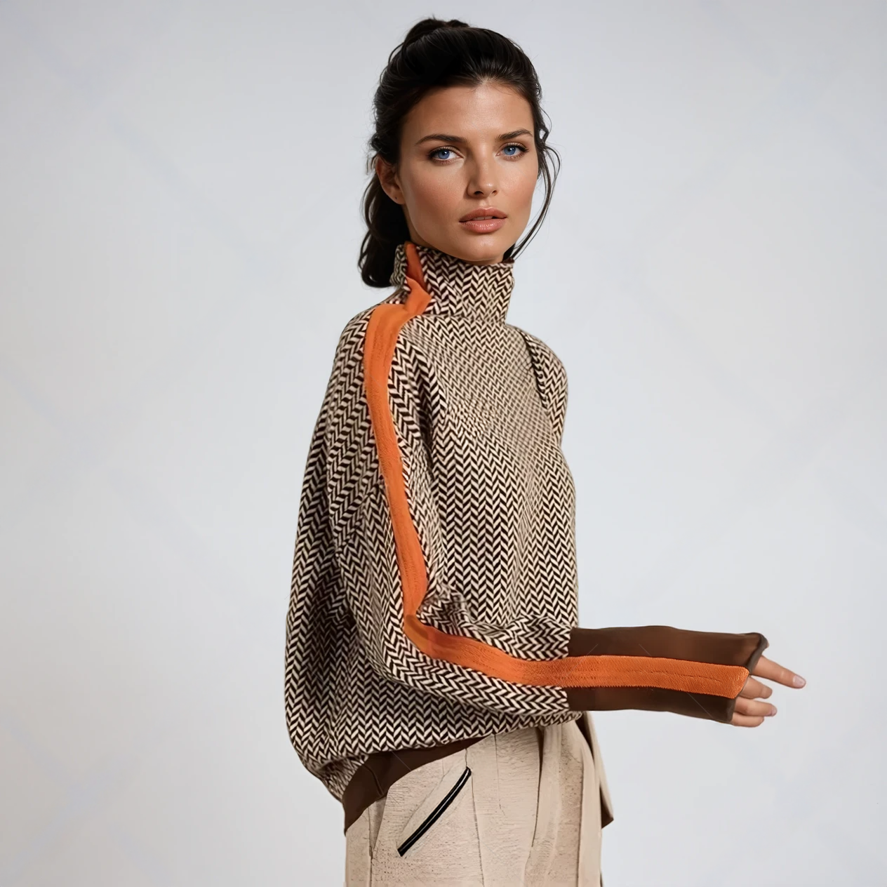 Striped turtleneck sweater in dark and light chevron with orange-brown ribbed cuffs