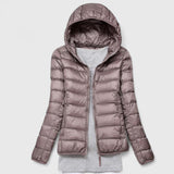 Taupe hooded puffer jacket with full-length front zipper and quilted stitch lines