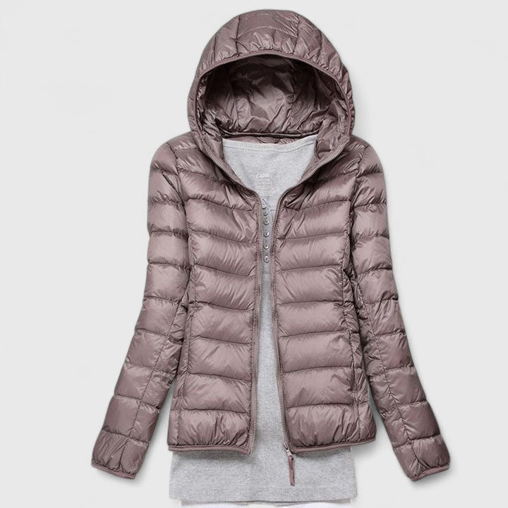 Taupe hooded puffer jacket with full-length front zipper and quilted stitch lines