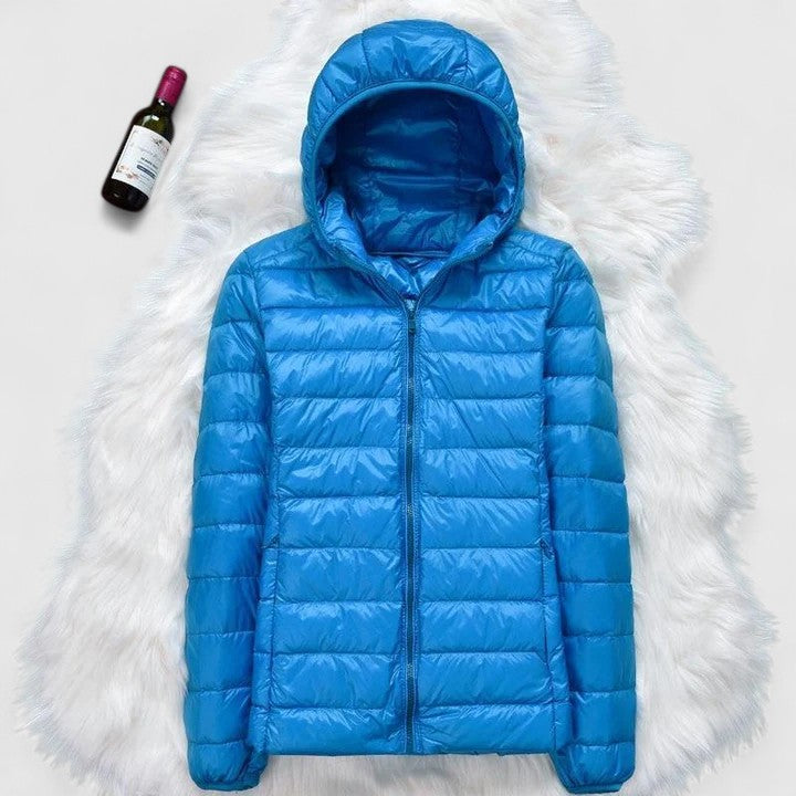 Blue hooded puffer jacket with front zipper and quilted baffles