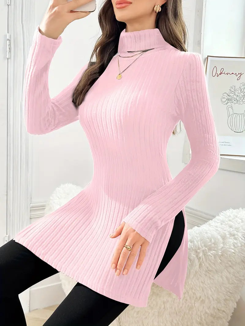 Ribbed knit turtleneck sweater in light pink, long sleeves with side slit hem