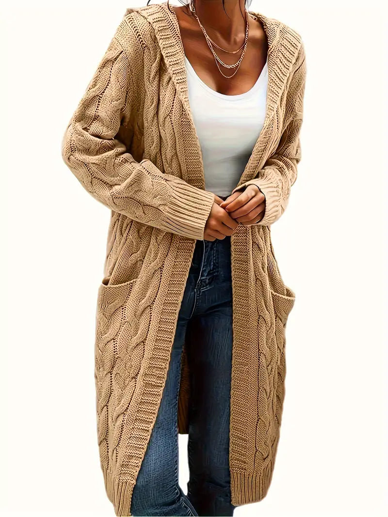 Tan cable-knit long cardigan with open front and cable-knit sleeves