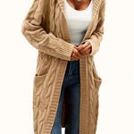Tan cable-knit long cardigan with open front and cable-knit sleeves