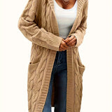 Tan cable-knit long cardigan with open front and cable-knit sleeves