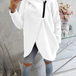 White zip-up hoodie with hood, front pocket, and black zipper detail