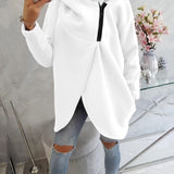 White zip-up hoodie with hood, front pocket, and black zipper detail
