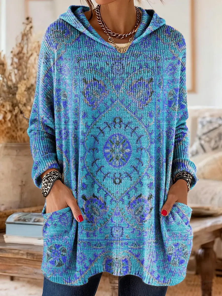Vintage-inspired hooded knit tunic with front pockets, bright blue multicolor ethnic print