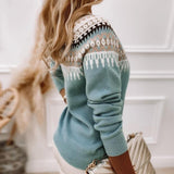 Light blue fair isle knit sweater, crew neck and long sleeves, side view