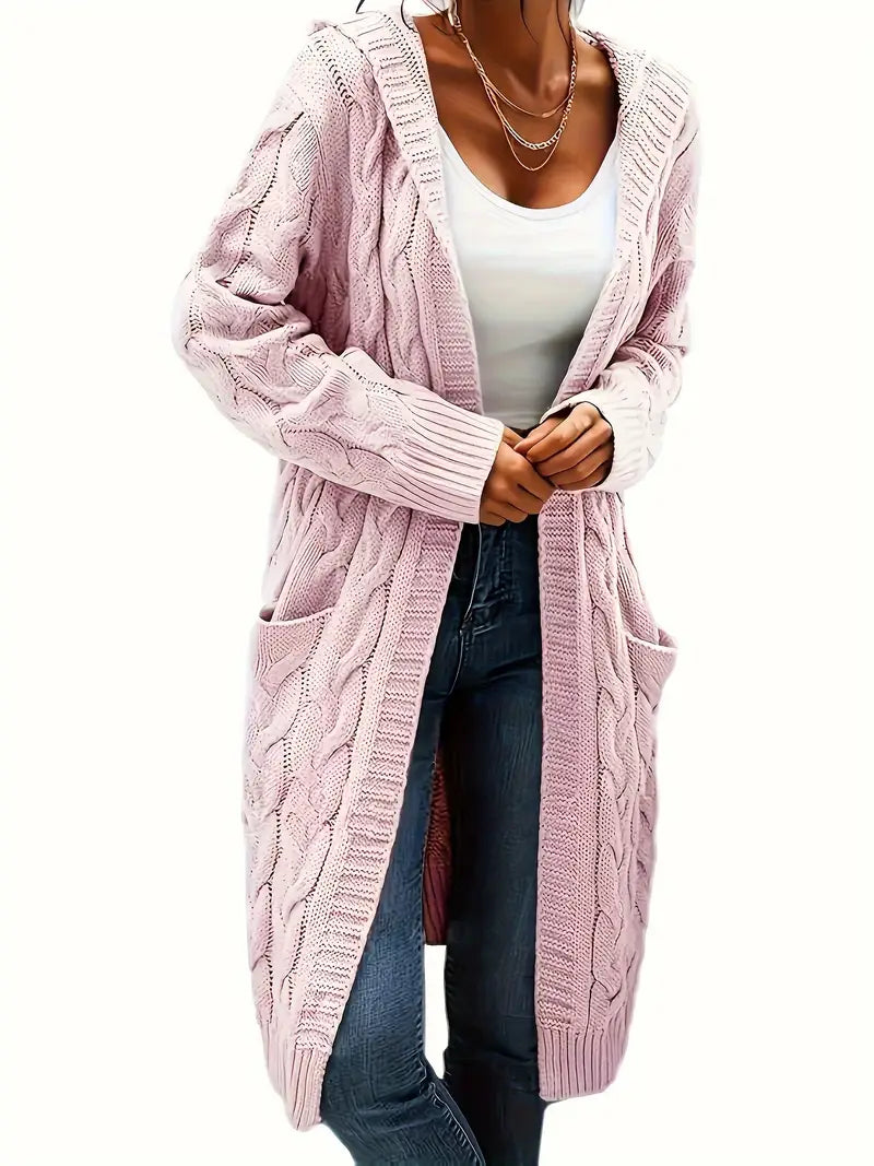 Light pink cable-knit long cardigan, open front, long sleeves