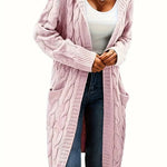 Light pink cable-knit long cardigan, open front, long sleeves
