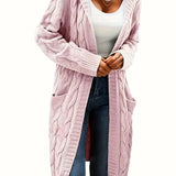 Light pink cable-knit long cardigan, open front, long sleeves