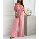 Damen Off-Shoulder Jumpsuit mit weitem Bein, Rüsche und Kordelzug