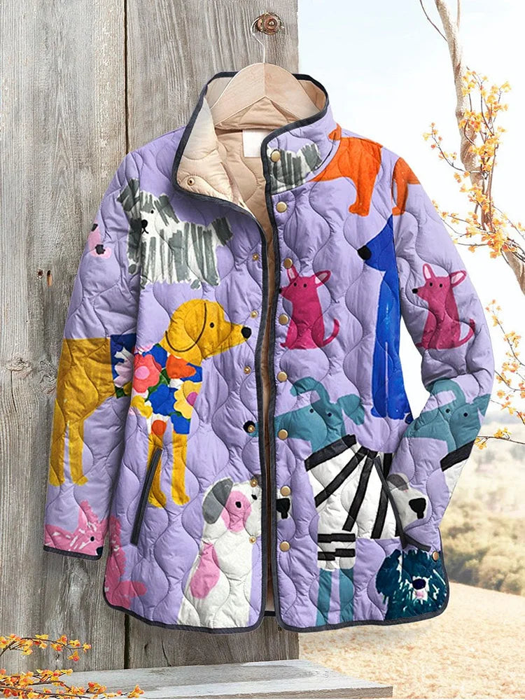 Women's quilted hooded jacket with multicolor dog pattern, button-front and pockets