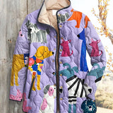 Women's quilted hooded jacket with multicolor dog pattern, button-front and pockets