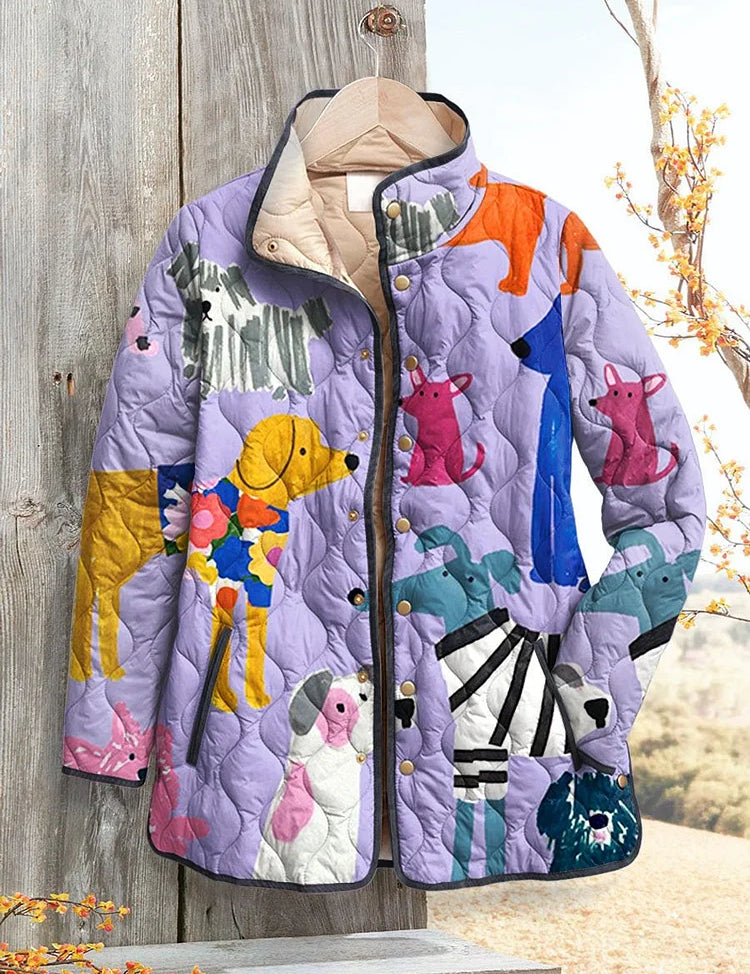 Women's quilted hooded jacket with multicolor dog pattern, button-front and pockets