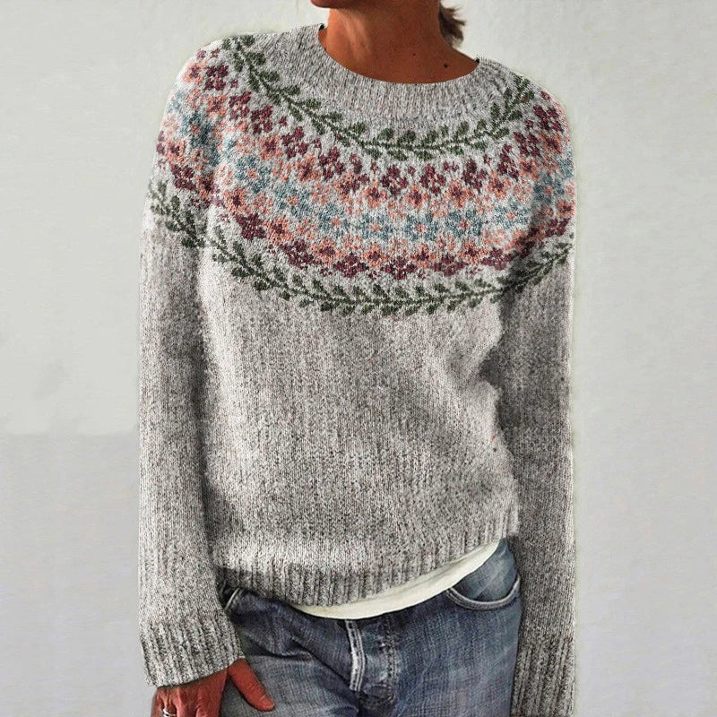 Gray retro knit pullover with multicolor fair isle yoke and long sleeves