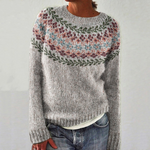 SILVIA retro pullover, heather gray crewneck sweater with multicolor floral yoke