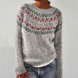 SILVIA retro pullover, heather gray crewneck sweater with multicolor floral yoke