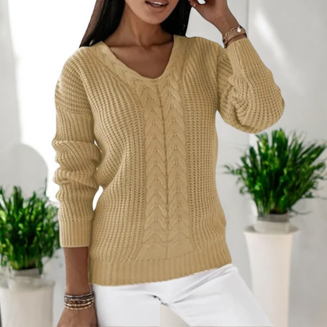 Beige classic knit sweater with V-neck and textured cable pattern, 3/4 sleeves