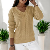 Beige classic knit sweater with V-neck and textured cable pattern, 3/4 sleeves