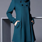 Isabella hooded coat jacket with side pockets, long sleeves, teal with dark buttons