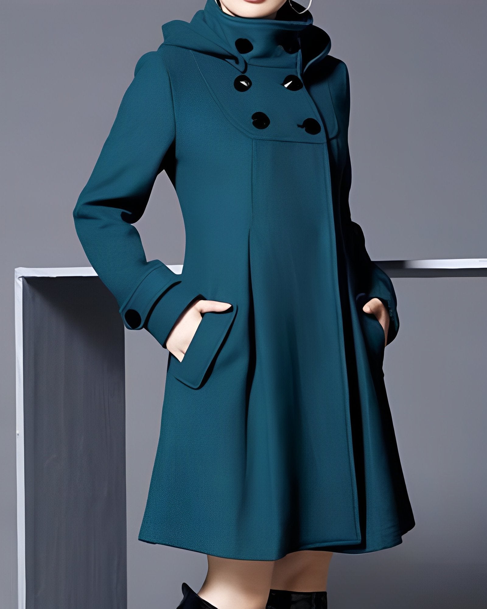 Isabella hooded coat jacket with side pockets, long sleeves, teal with dark buttons