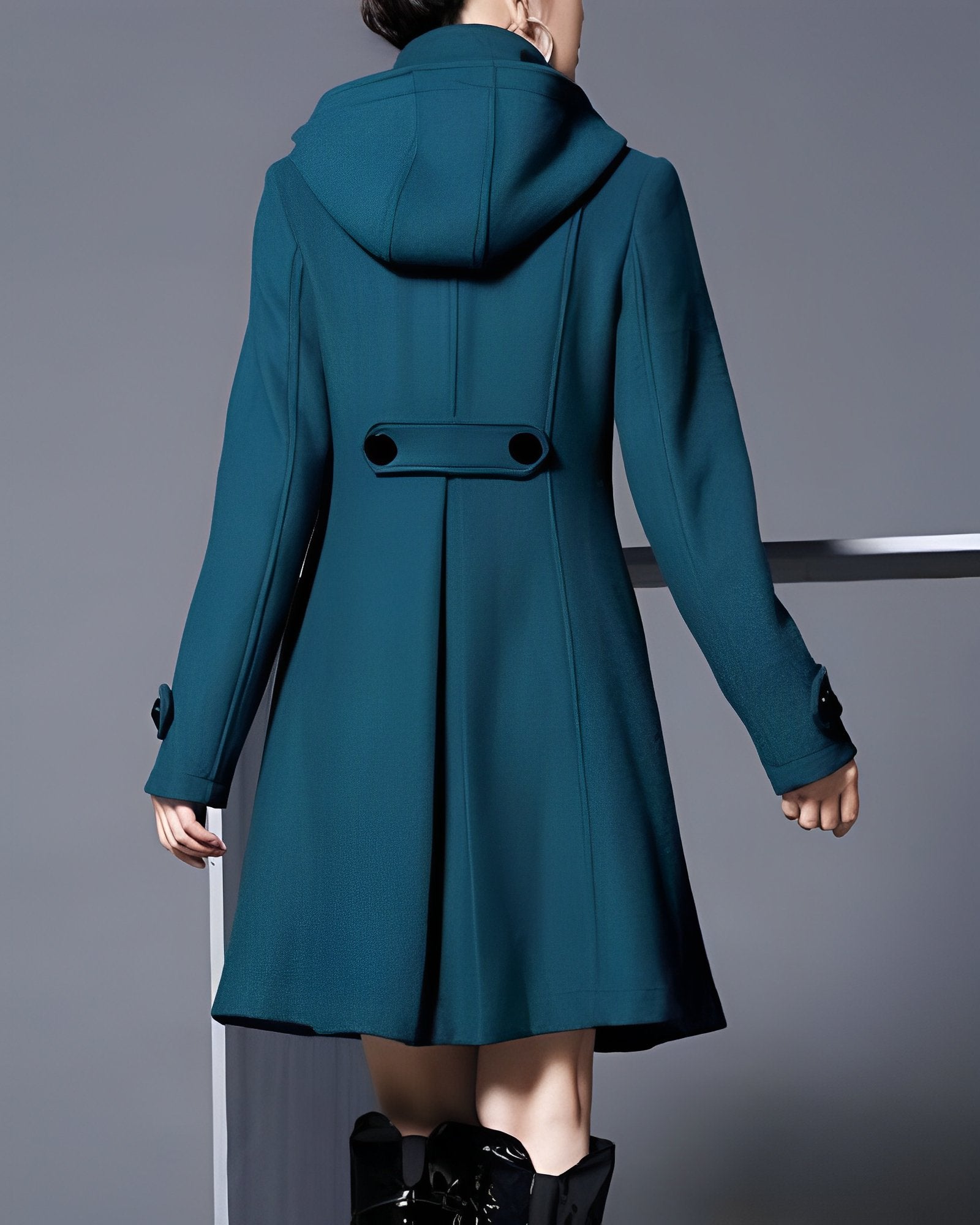 Isabella hooded coat jacket with side pockets, long sleeves, teal; rear view