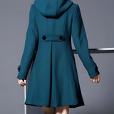 Teal long hooded coat back view with belt strap and flap pocket