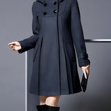 Isabella hooded coat jacket with side pockets, long sleeves, dark color with buttons