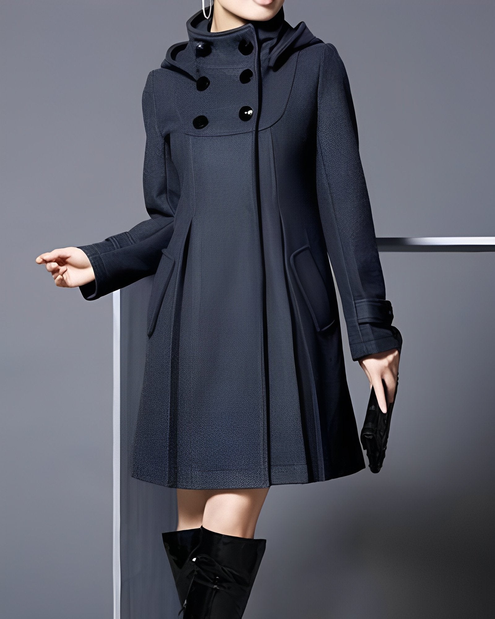 Isabella hooded coat jacket with side pockets, long sleeves, dark color with buttons