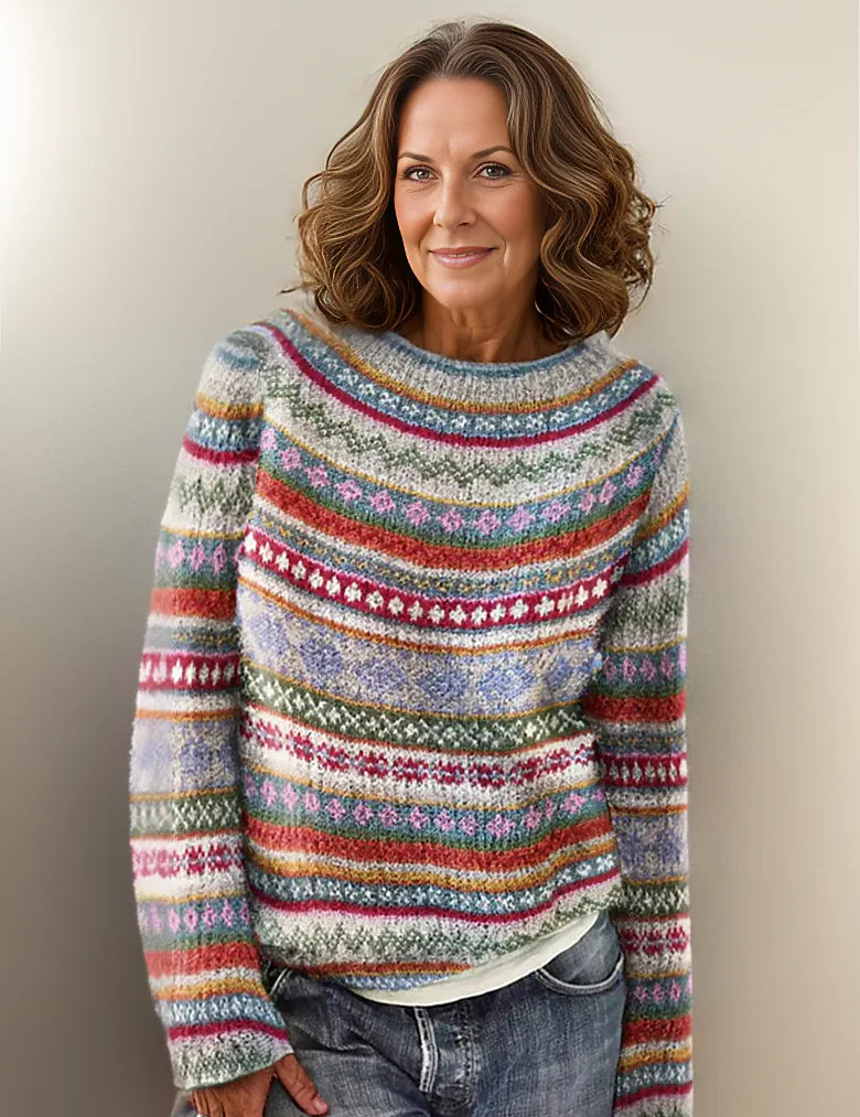 Heather gray crewneck knit sweater with multicolor striped fair isle pattern
