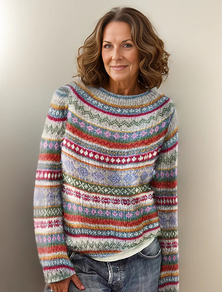 Heather gray crewneck knit sweater with multicolor striped fair isle pattern