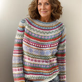 Heather gray crewneck knit sweater with multicolor striped fair isle pattern