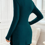 Ribbed knit turtleneck sweater in teal, fitted long sleeves with side slit