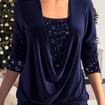 Navy glitter sequin top with draped V-neck and long sleeves