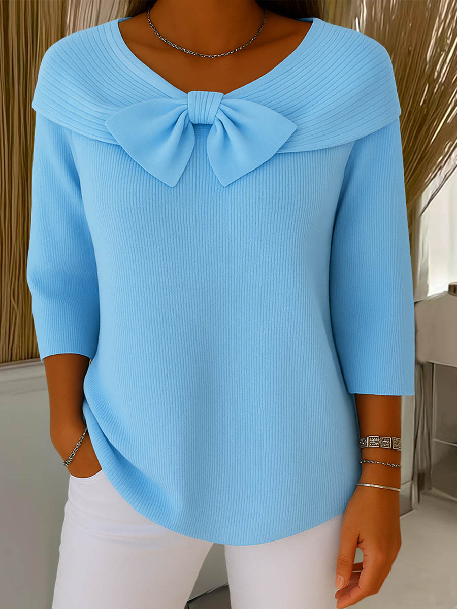 Light blue ribbed knit sweater with large bow collar and 3/4 sleeves