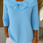 Light blue ribbed knit sweater with large bow collar and 3/4 sleeves