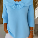 Light blue ribbed knit sweater with large bow collar and 3/4 sleeves