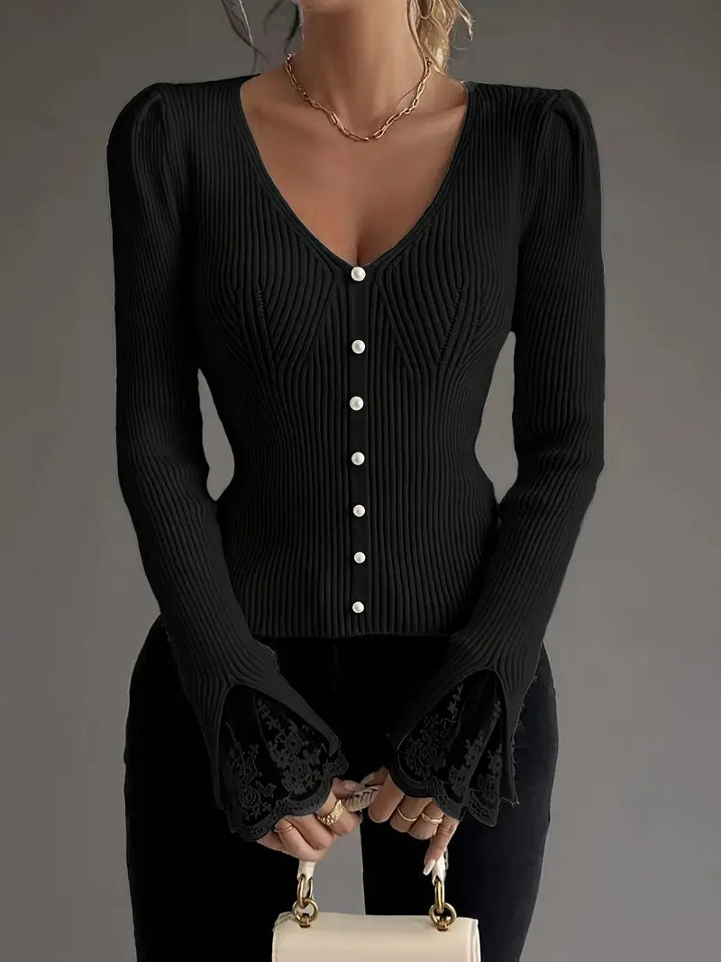 Black ribbed V-neck button top with lace-trim bell cuffs